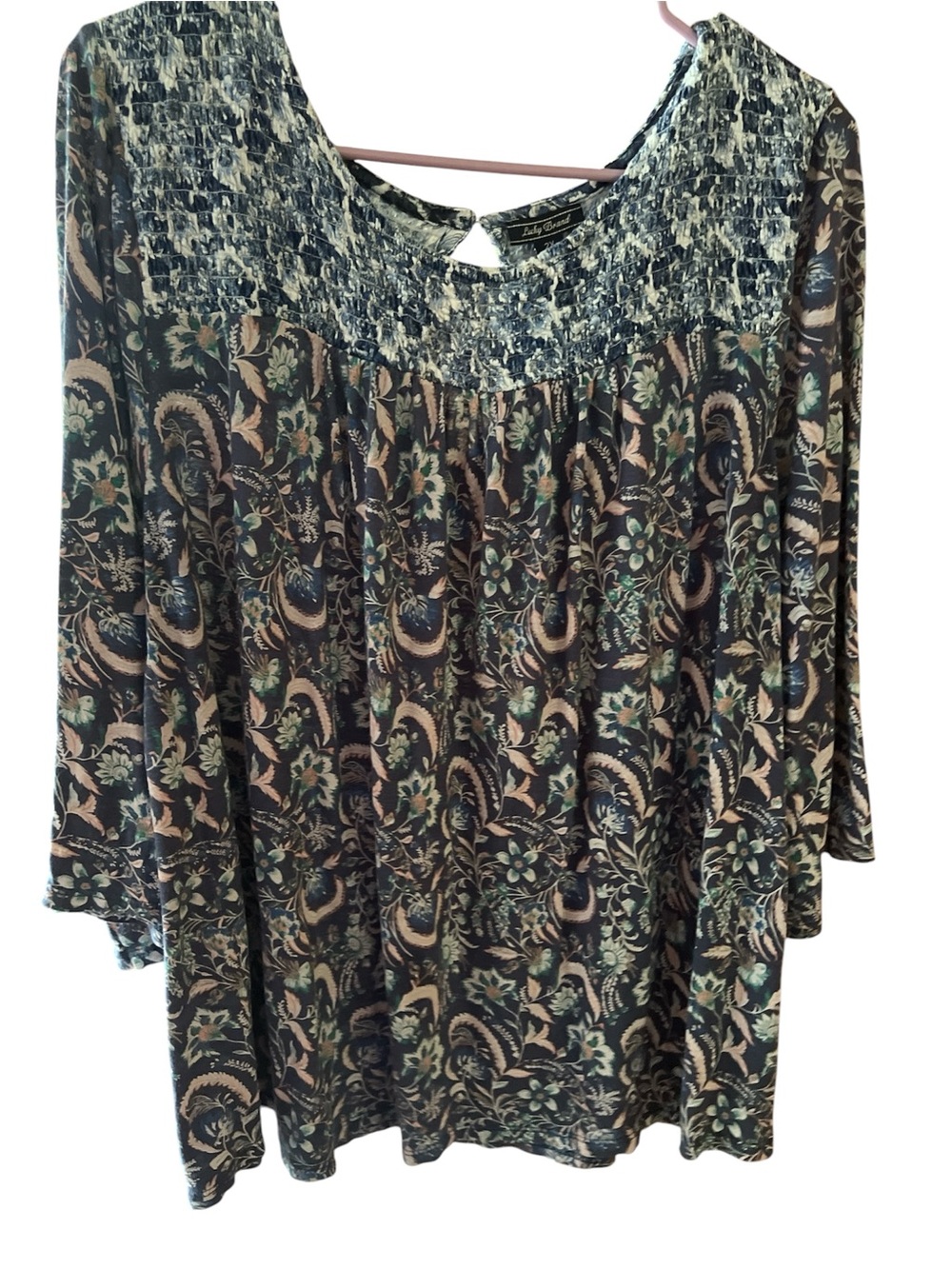 Smocked Yoke Floral Peasant Top in Navy and Cream size 2X Luck Brand